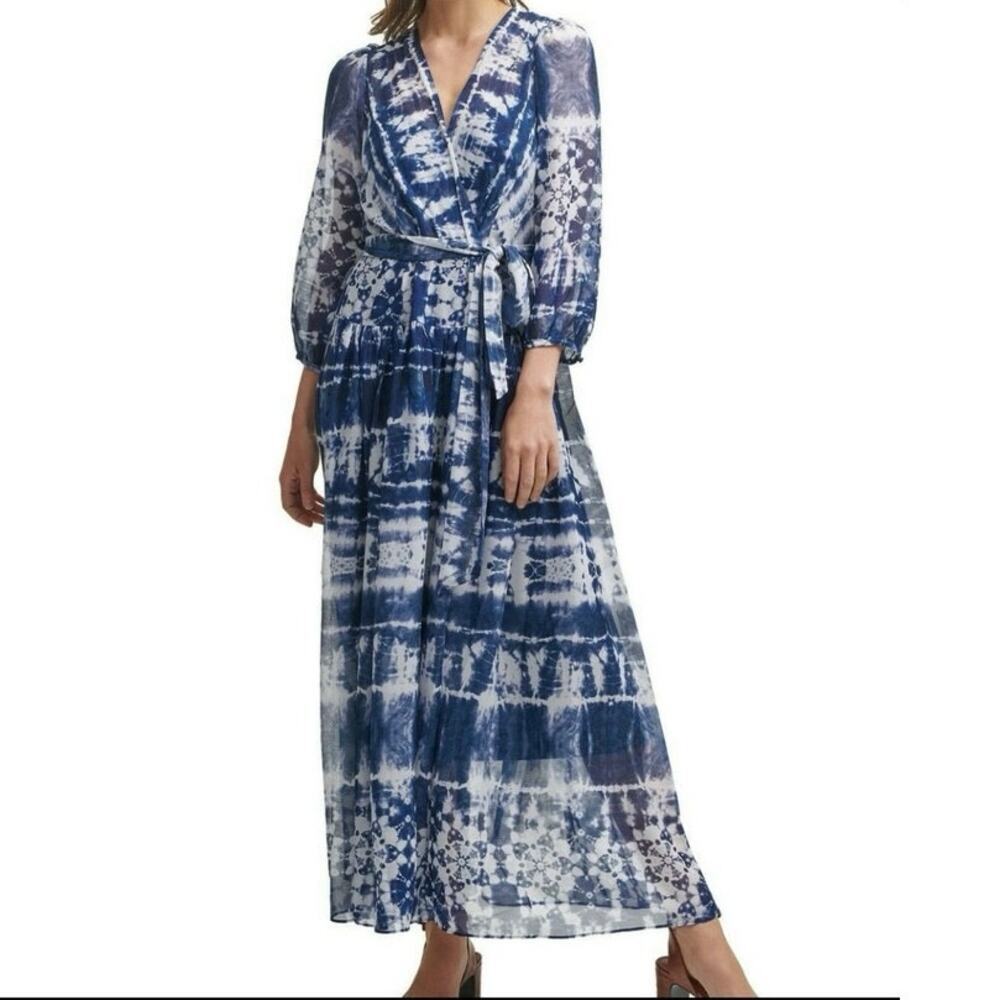 Calvin Klein Tie-Dyed Wrap Maxi Dress Size 2 Blue White Boho Hippie - Picture 2 of 10